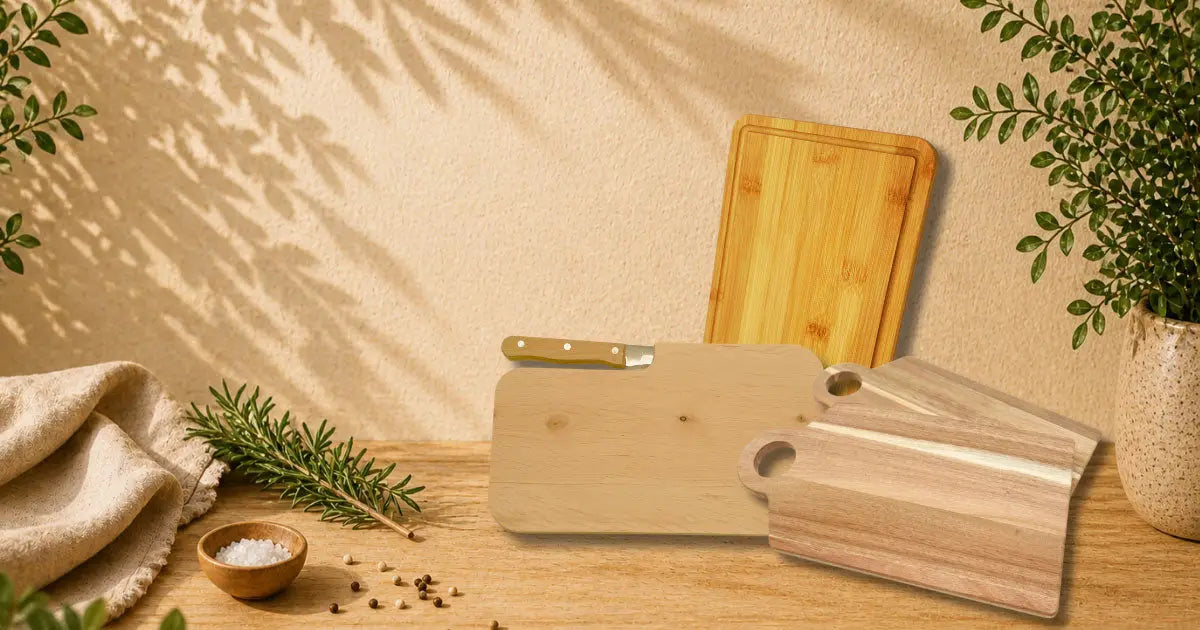 Hellfarbener schneidebrett aus holz mit glatter naturmaserung und abgerundeten ecken aus der schneidebretter kollektion