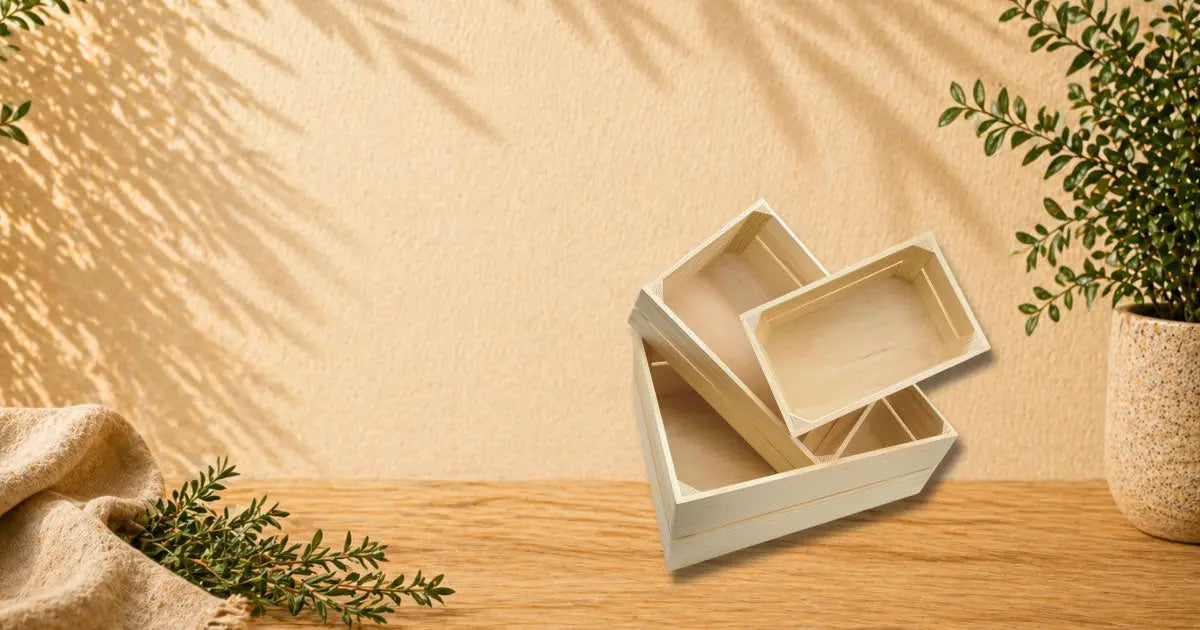 Gestapelte beige holzaufbewahrungsboxen mit cleanem minimalistischen design aus der kollektion sets und bundles