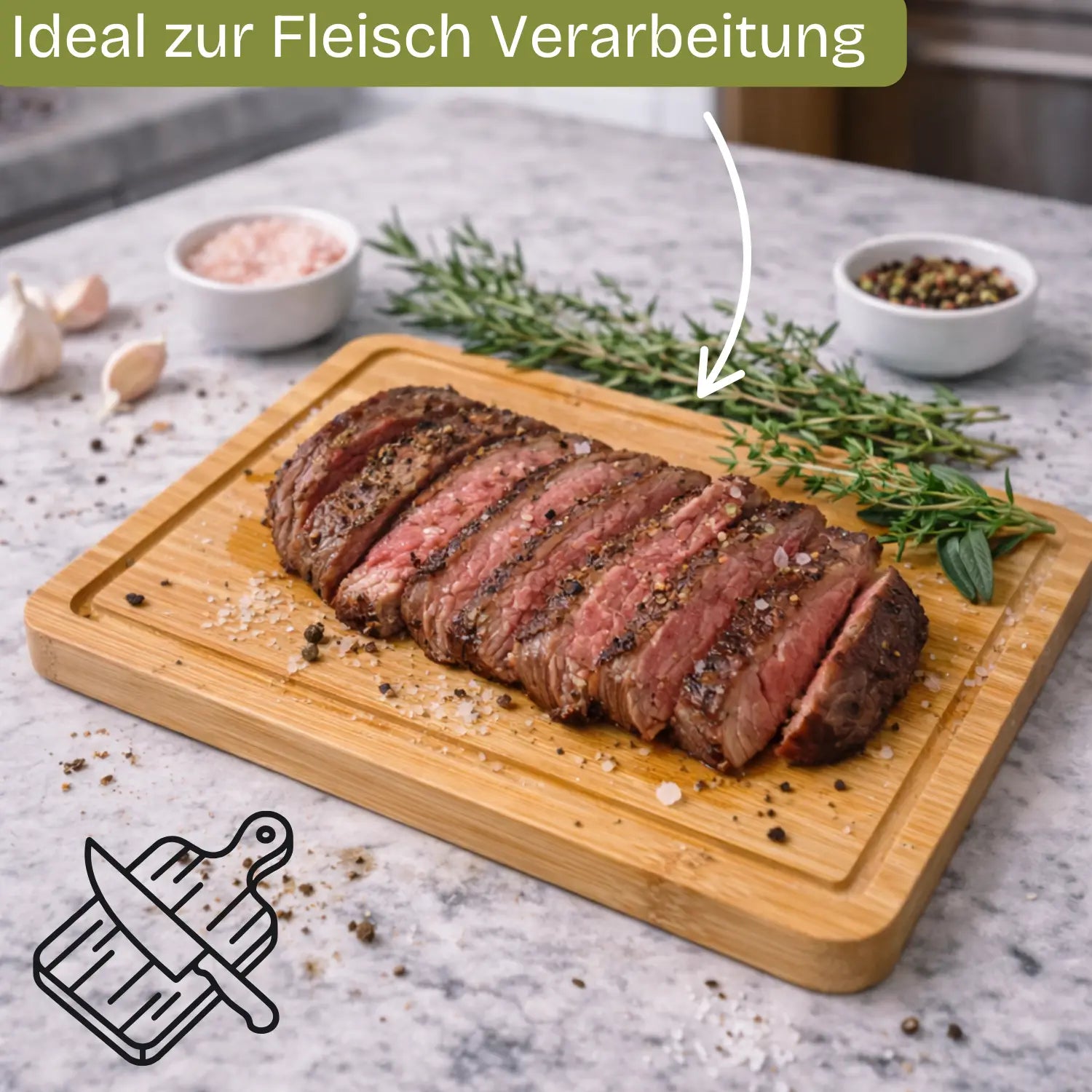 Sliced medium-rare steak with salt and pepper rests on a light-colored bamboo cutting board with juice groove