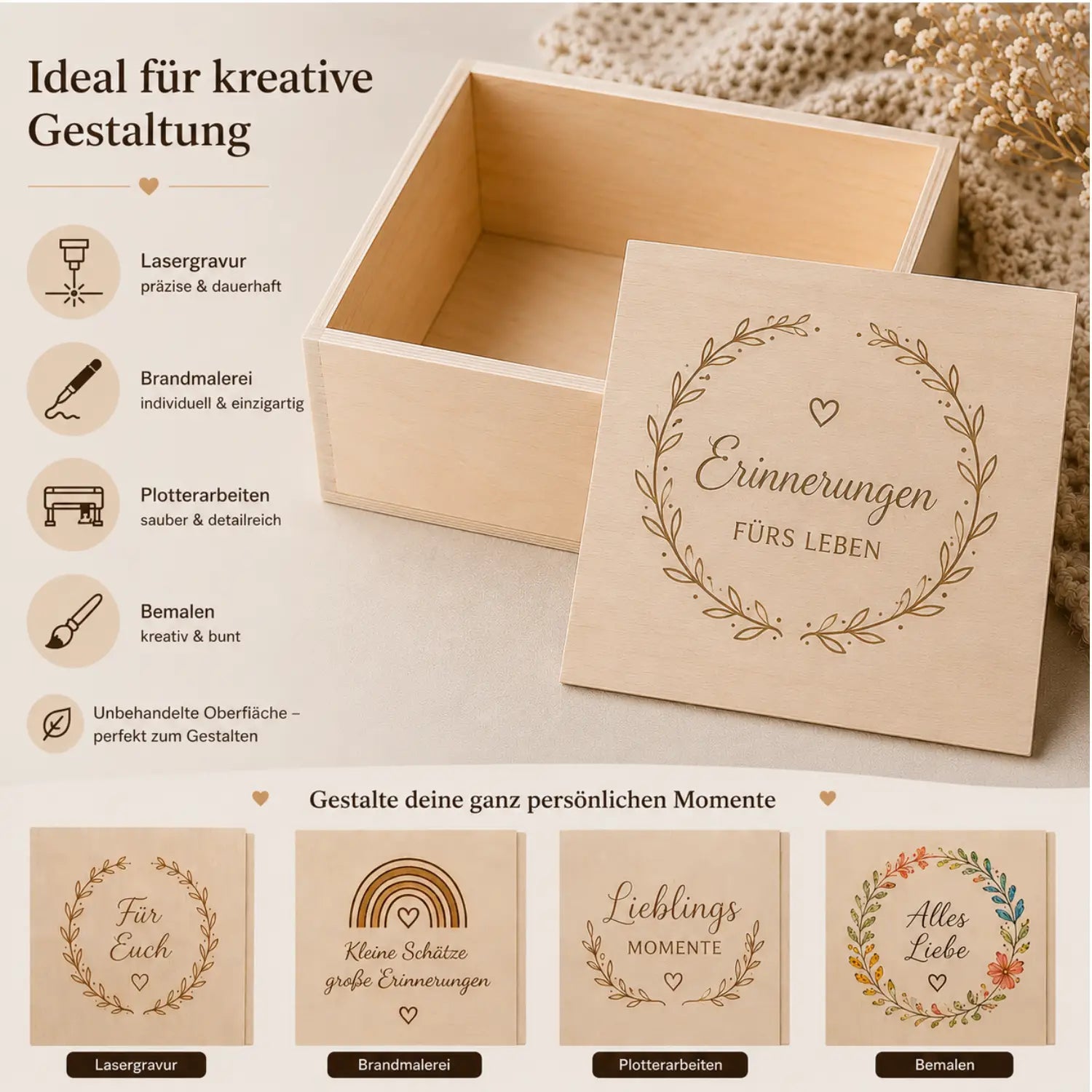 Hellfarbene holz-genussbox mit graviertem floralen kranz und herzdesign ideal zum befüllen und gravieren