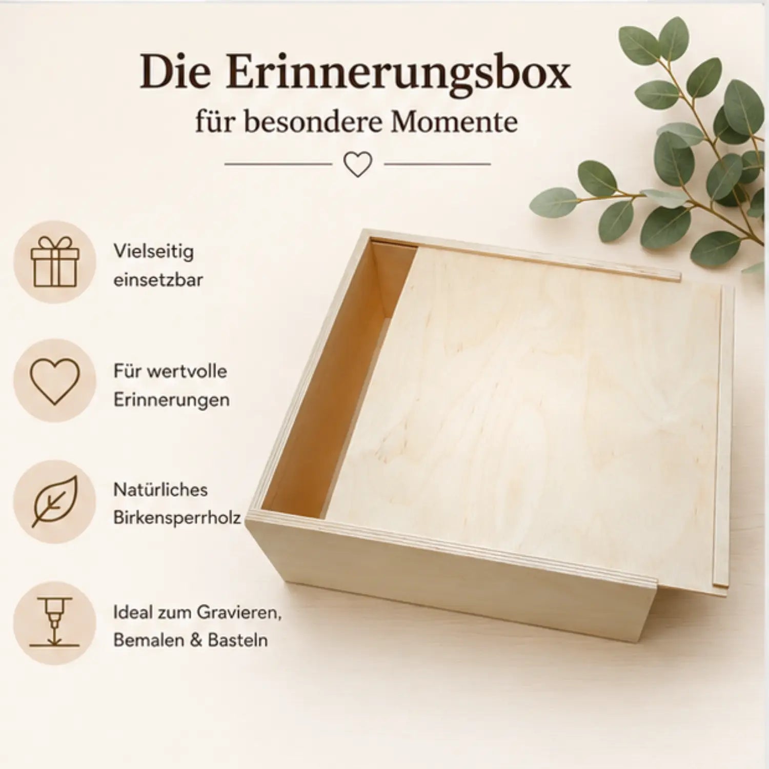 Minimalistische genussbox aus hellem holz mit schiebedeckel glatter oberfläche und klaren linien 24x24x9 cm