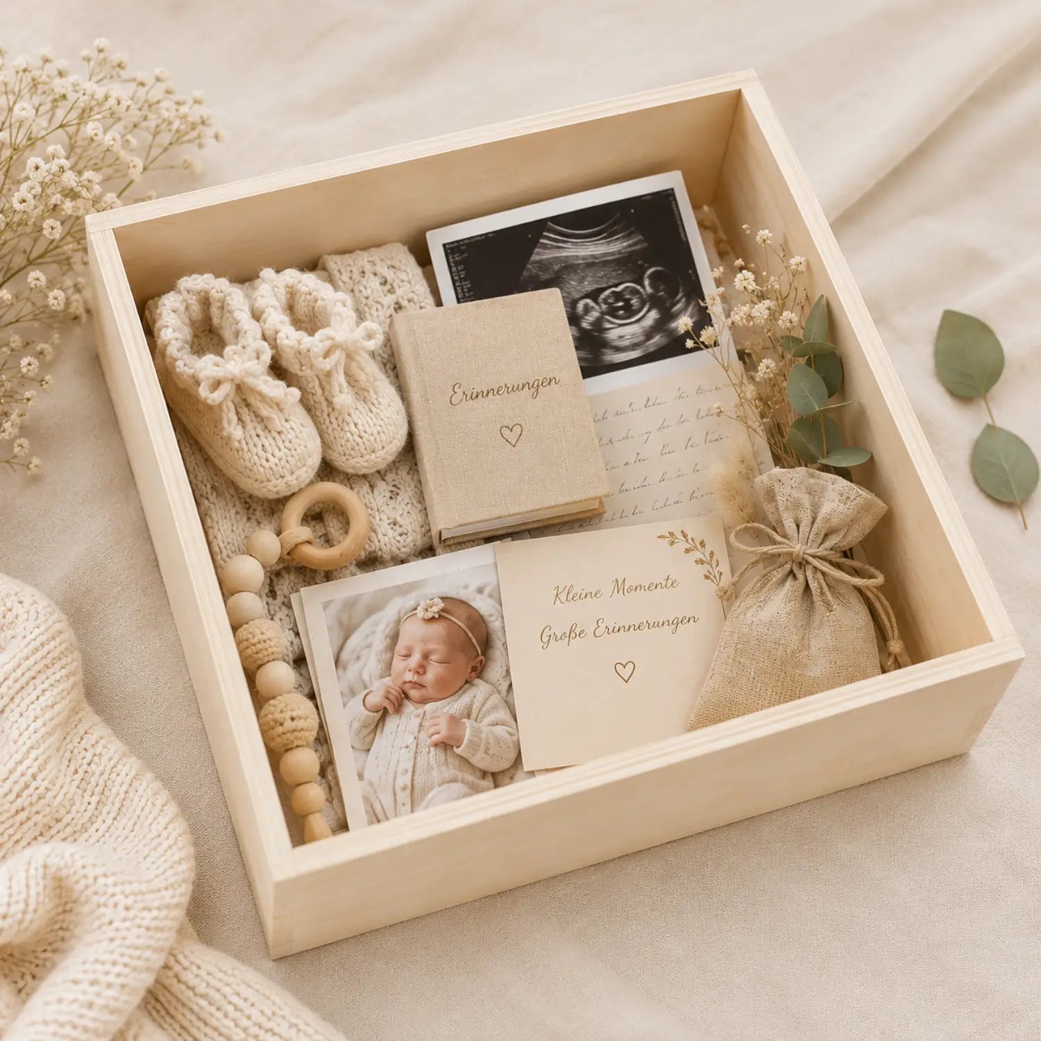 Genussbox aus hellem holz mit schiebedeckel enthält gestrickte babyschuhe und holzbeißring als geschenkset