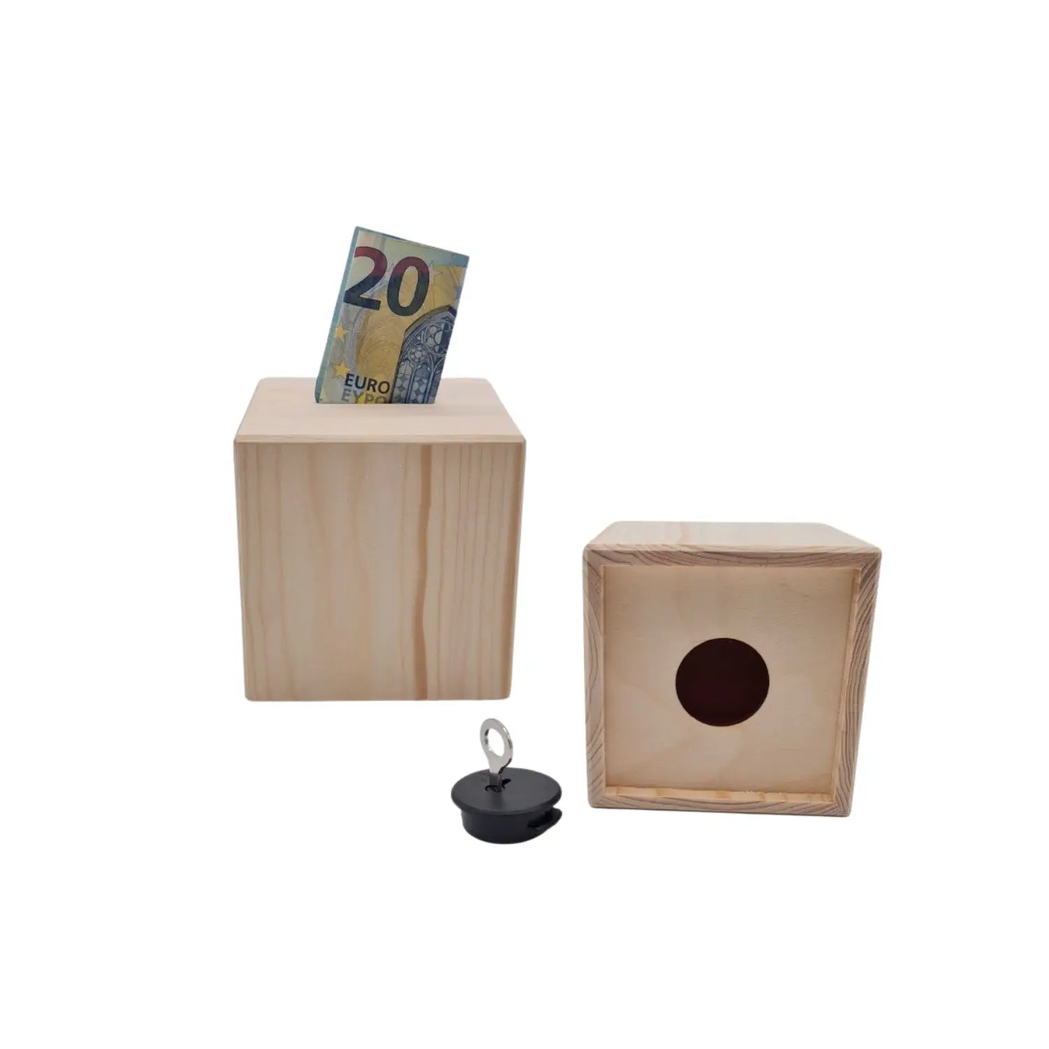 Holz spardose mit schloss aus hellem holz mit rundem einwurfschlitz und schwarzem kunststoffdeckel mit metallring