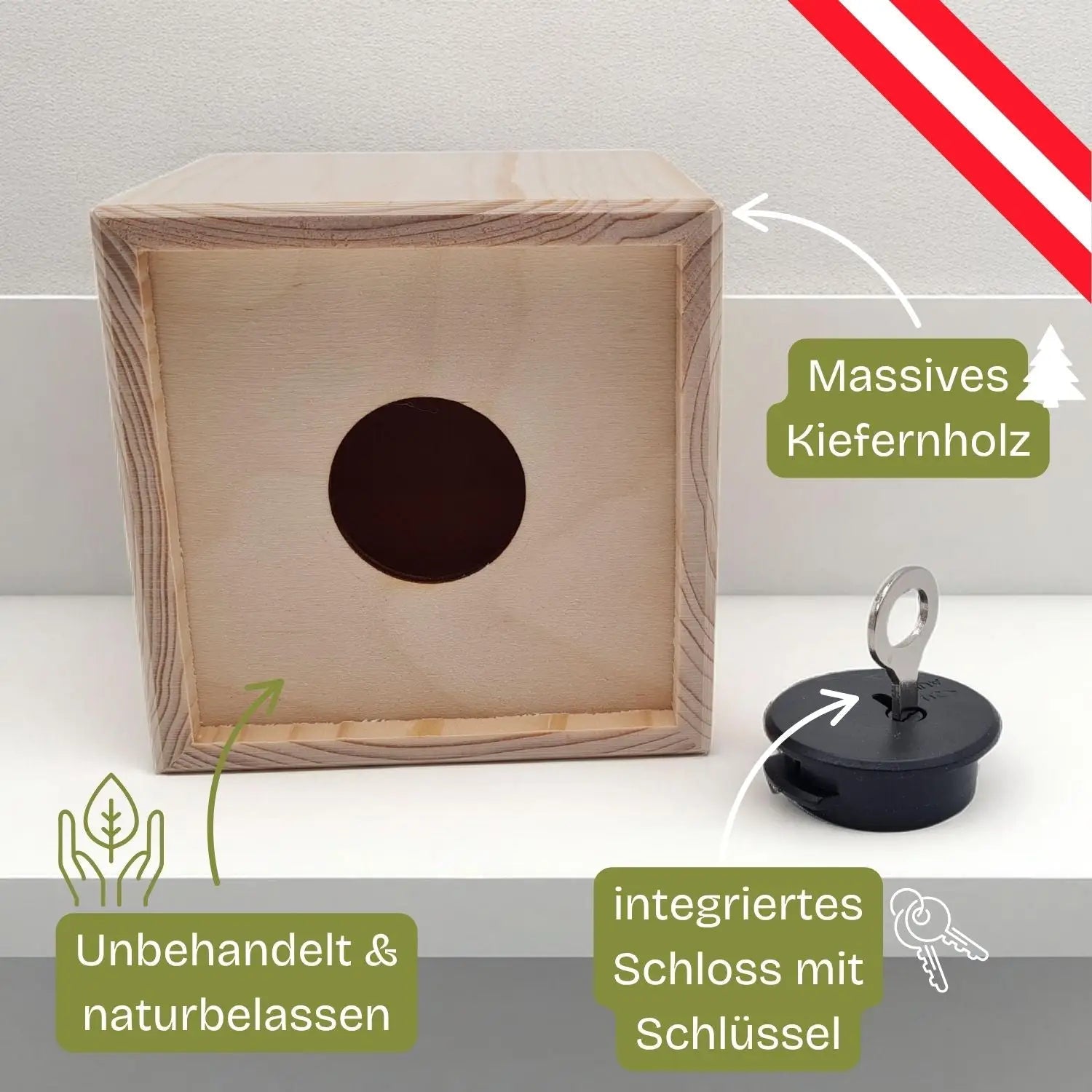Holz spardose aus unbehandeltem naturkiefernholz mit rundem loch und integriertem schwarzem schloss 10x10x10 cm