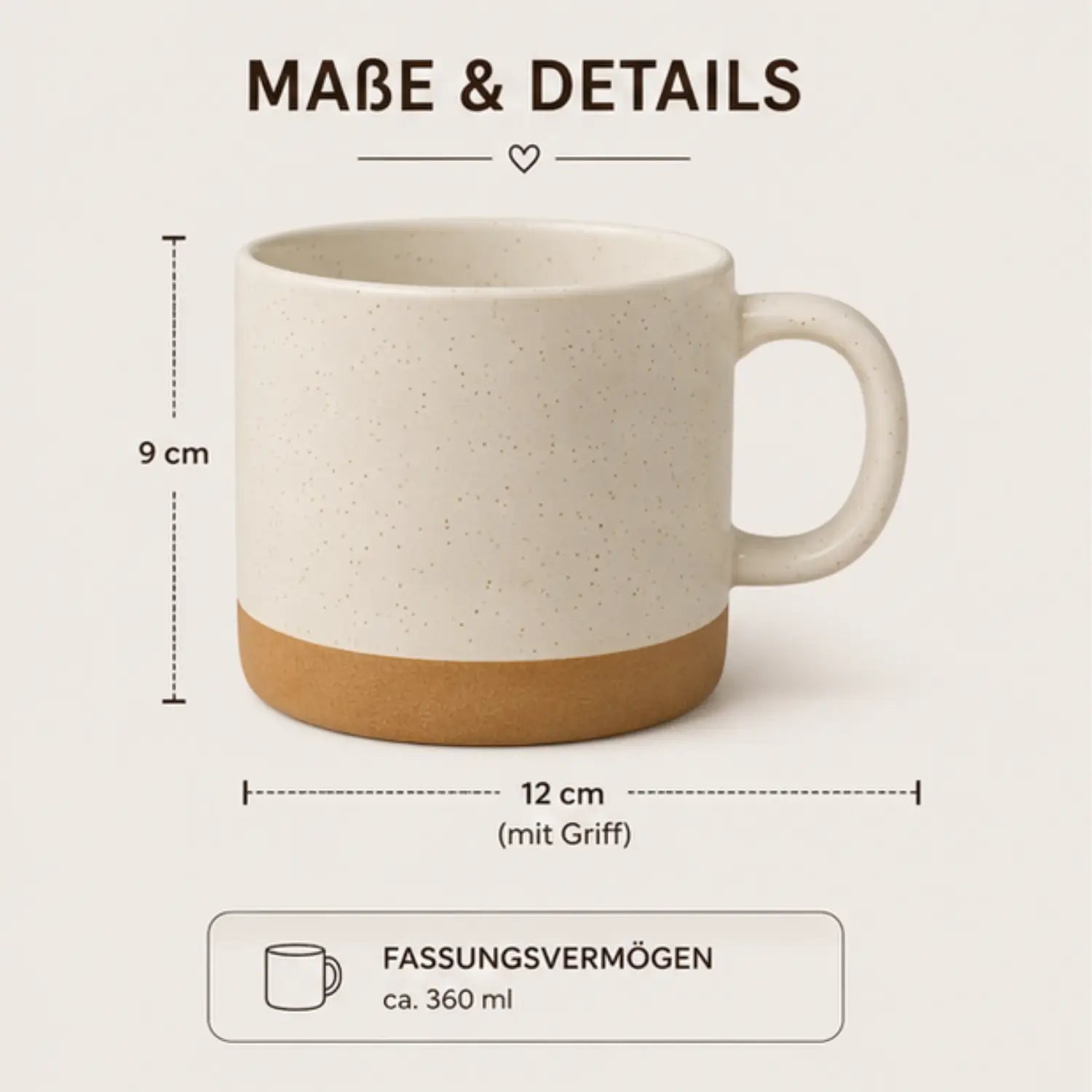 Cremfarbige keramiktasse natural touch mit gefleckter oberfläche und terrakotta-fuß fassungsvermögen 360 ml