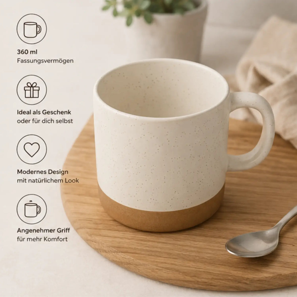 Keramiktasse natural touch 360 ml in creme mit braunem sockel und ergonomischem griff aus keramik