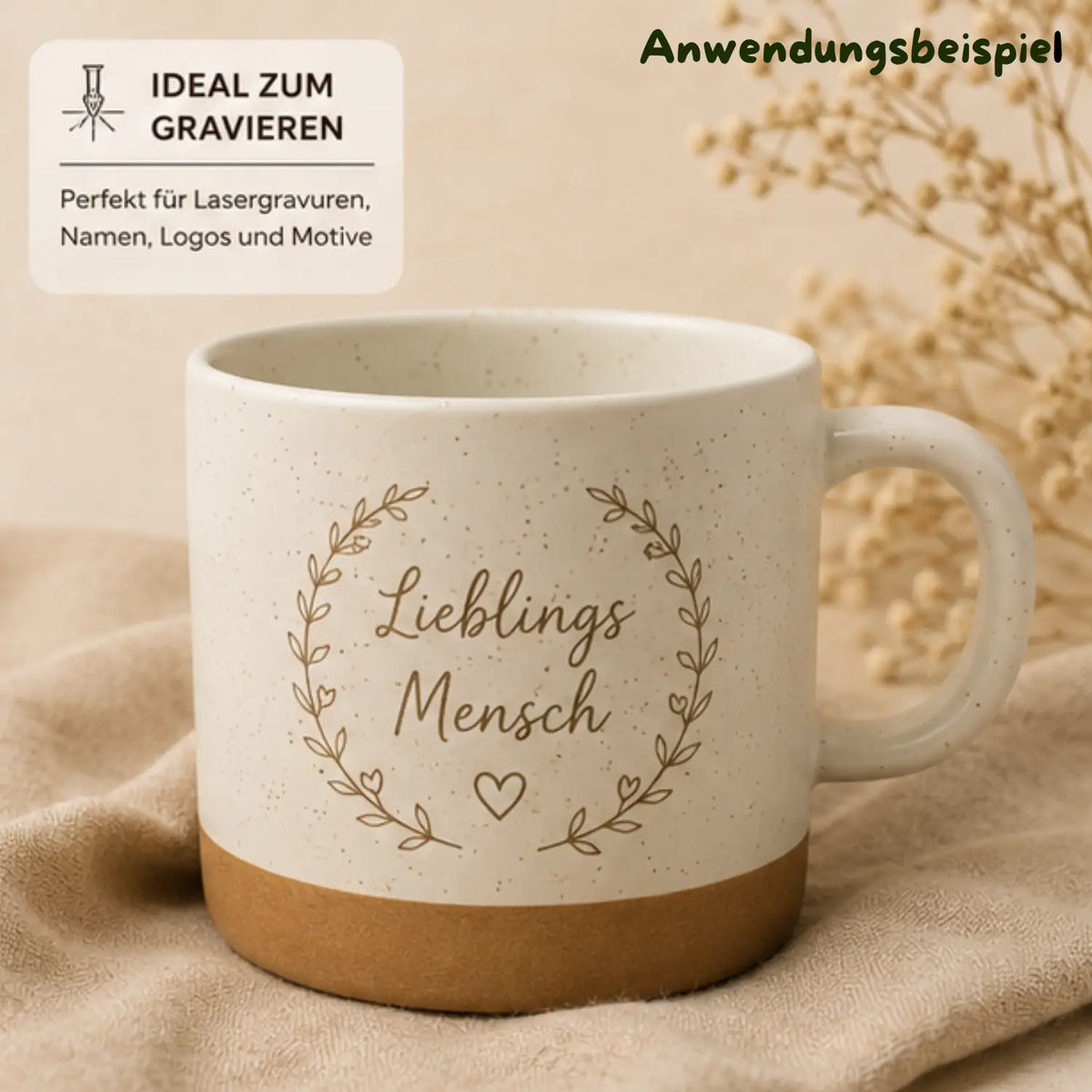 Creamfarbene keramiktasse natural touch 360 ml mit braunem sockel und goldener gravur lieblings mensch mit blattmotiv