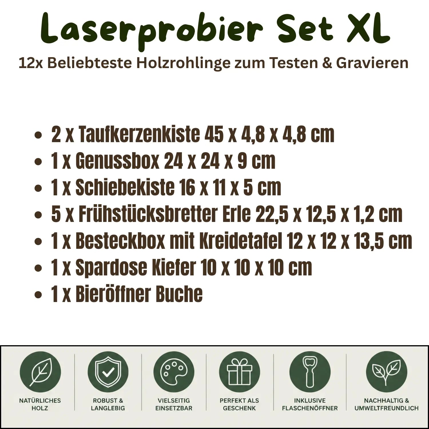Laserprobier set xl hochwertige 12 holzrohlinge in naturholz zum gravieren und testen