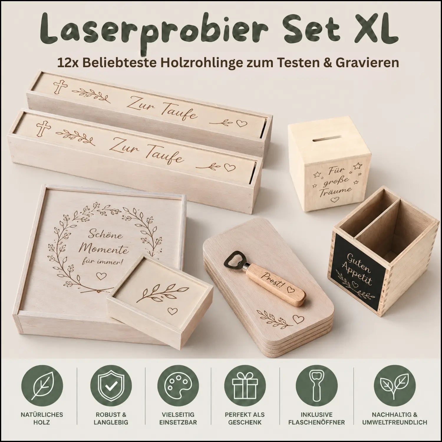 Leichter holzbox set xl mit 12 hochwertigen holzrohlingen zum gravieren und gravierten designs und sprüchen