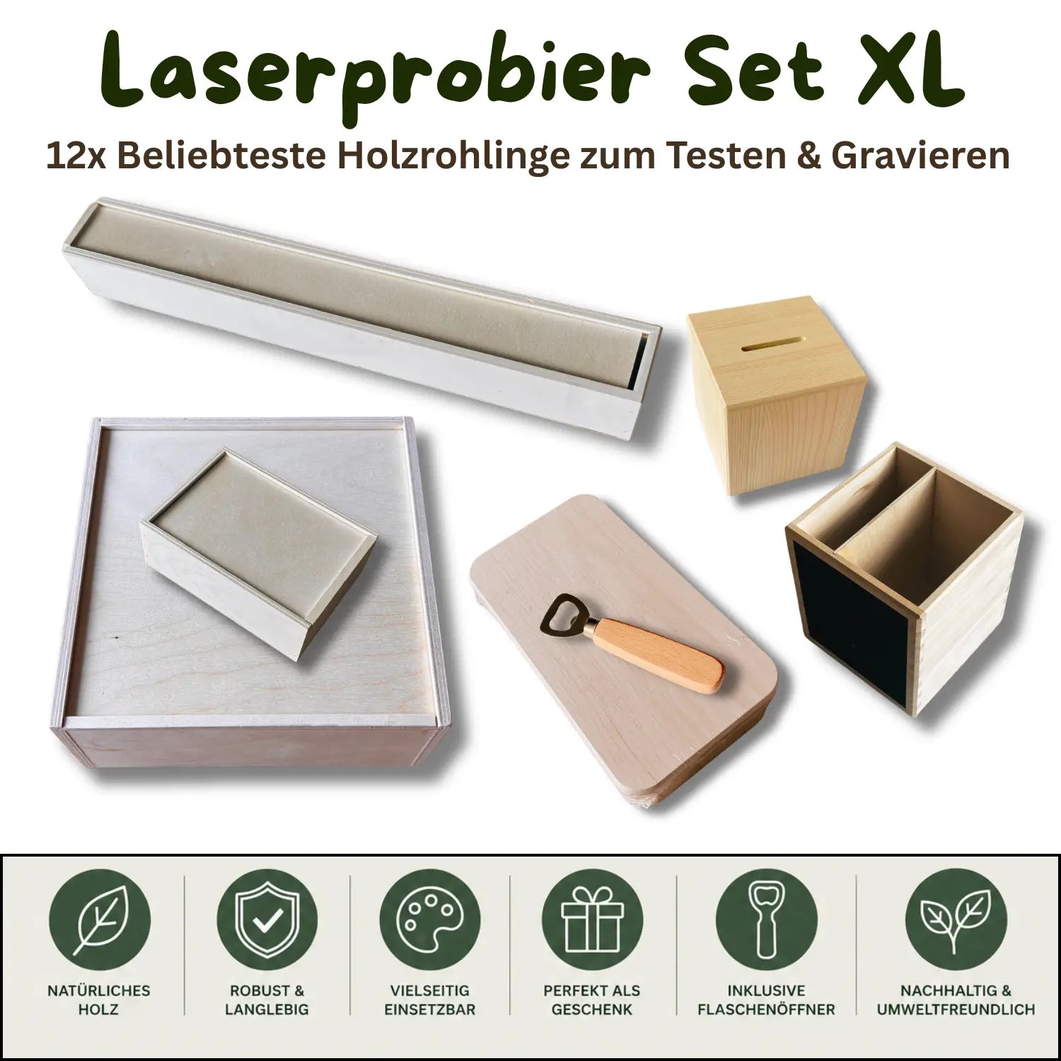 Laserprobier set xl mit 12 hochwertigen holzrohlingen zum gravieren und weißem tablett mit beige innenseite