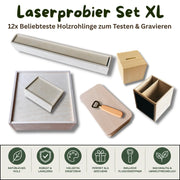Laserprobier set xl mit 12 hochwertigen holzrohlingen zum gravieren und weißem tablett mit beige innenseite