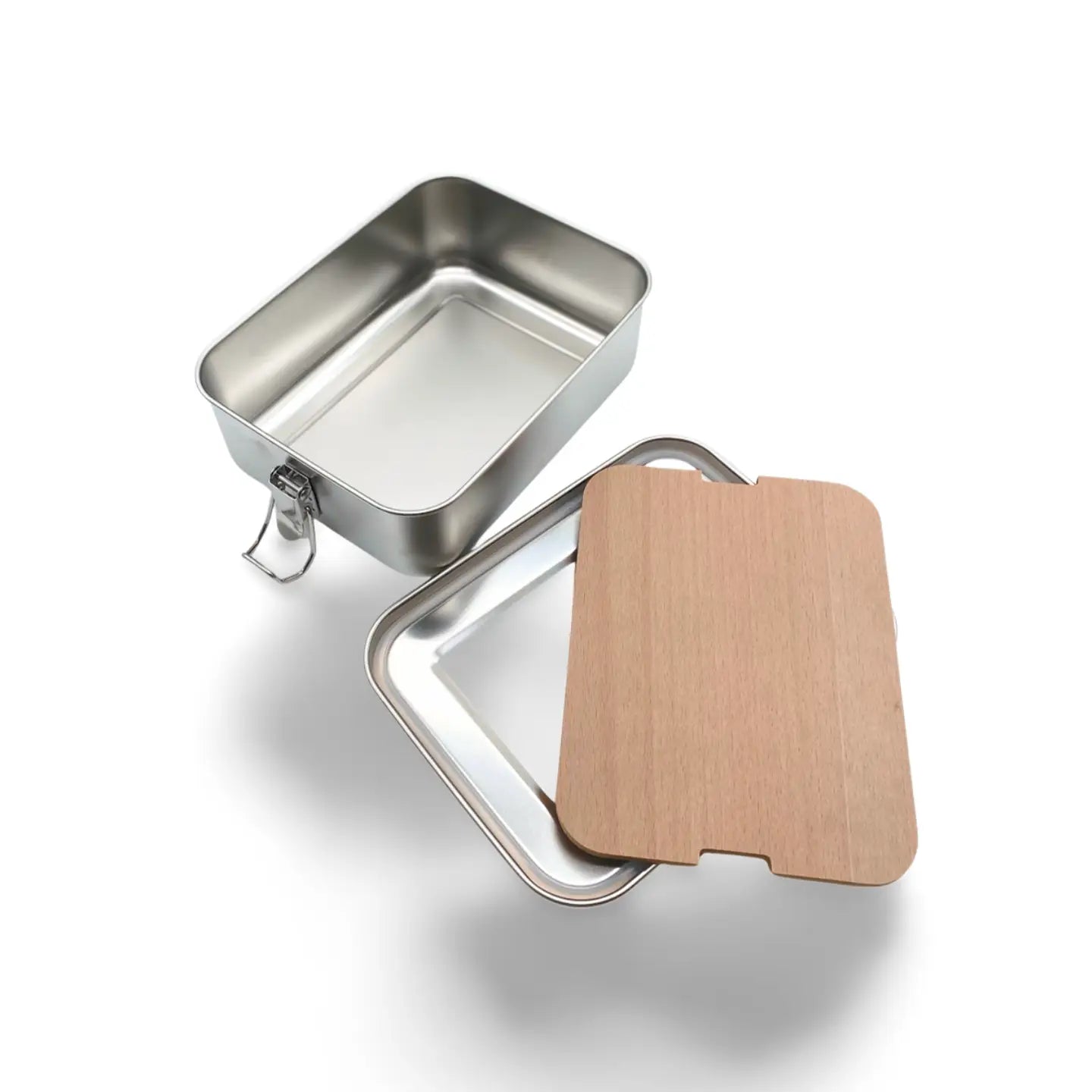 Rechteckige lunchbox aus edelstahl mit hellholzdeckel und metallschließe ideal zum gravieren 18 x 14 x 6 cm
