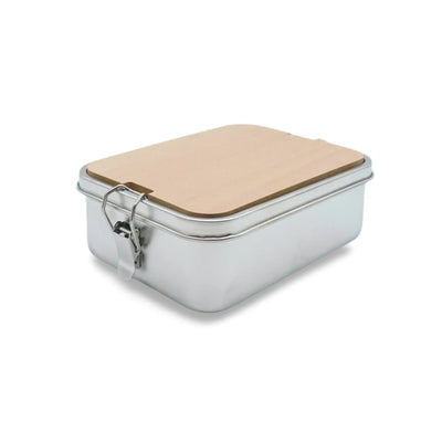 Lunchbox aus Edelstahl mit Holzdeckel – inkl. Schneidebrett – ideal zum Gravieren – 18 x 14 x 6 cm