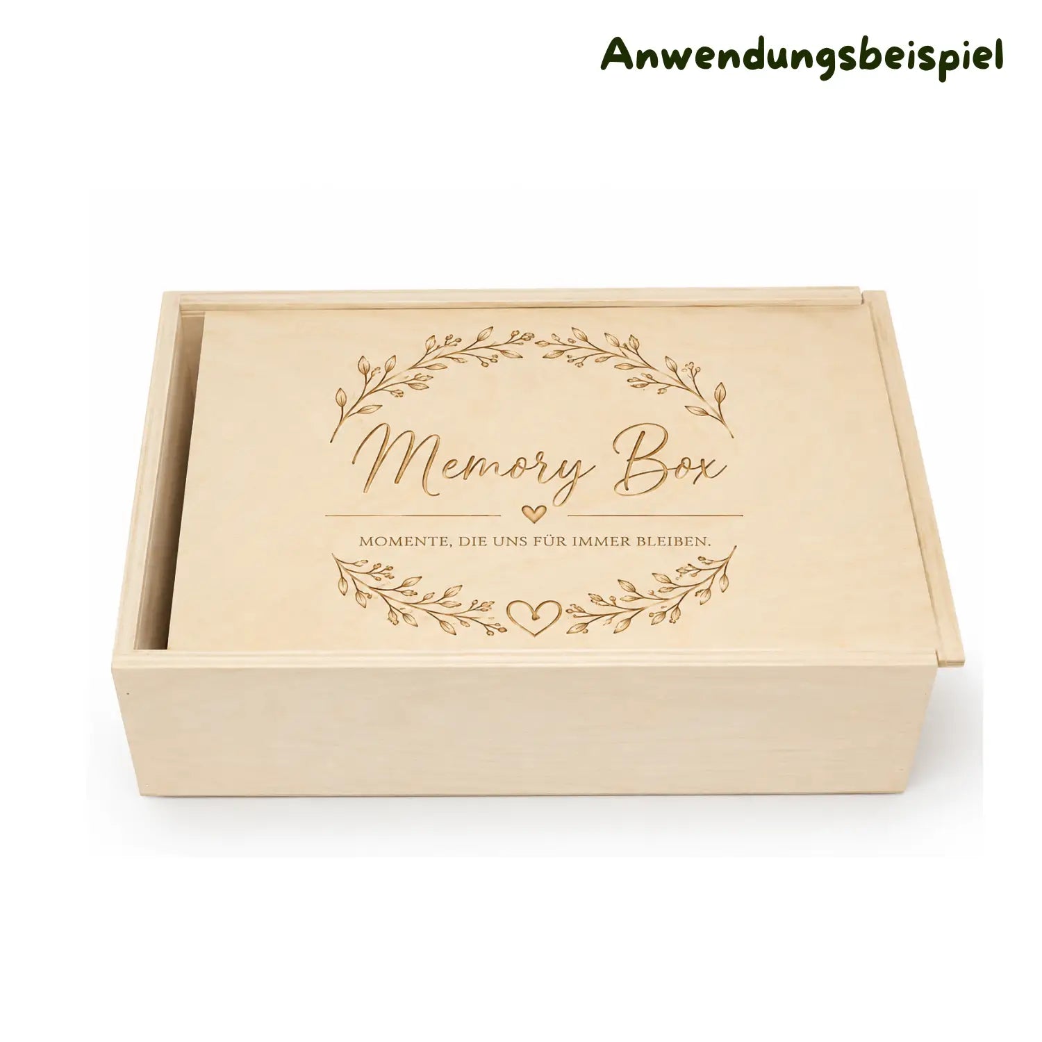 Beige holz memory box mit lasergravur schiebedeckel und floralem kranz design zur individuellen beschriftung