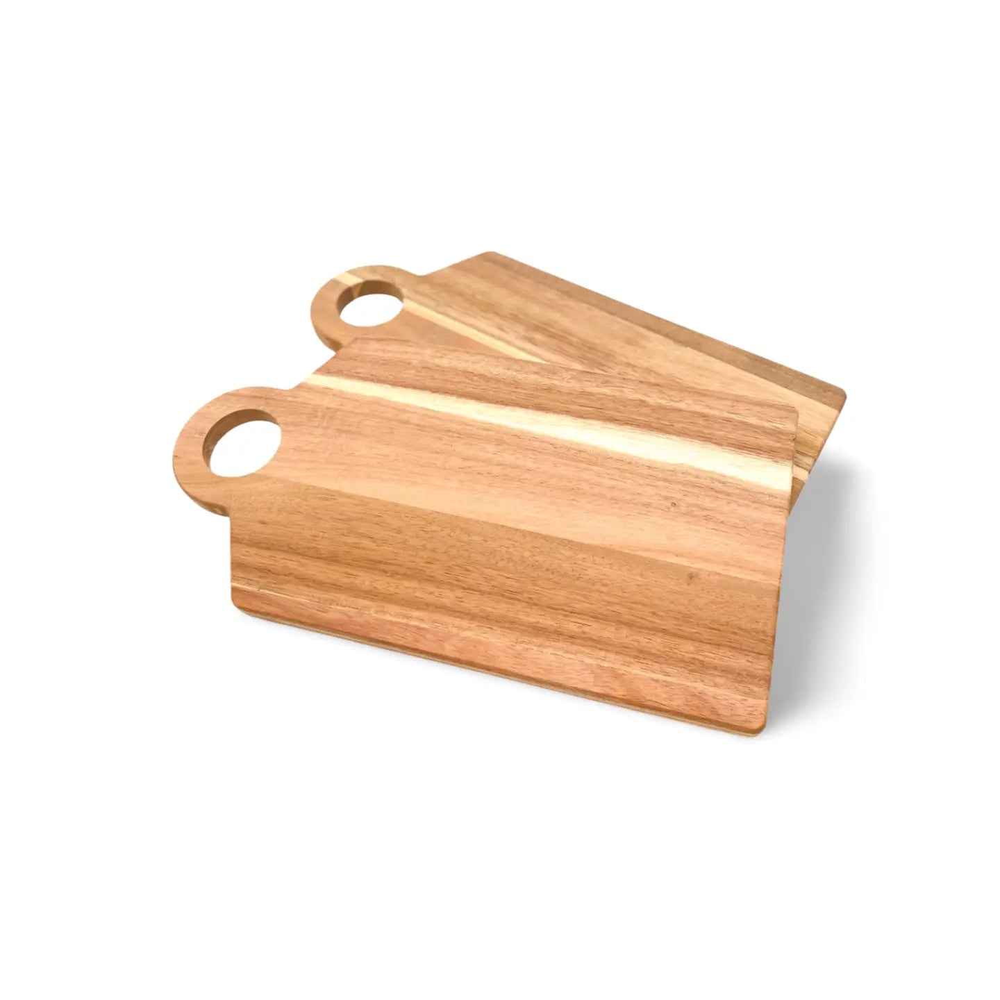 Zwei hellbraune akazienholz schneidebretter mit natürlicher holzmaserung und rundem griff 38 x 20 x 1,5 cm