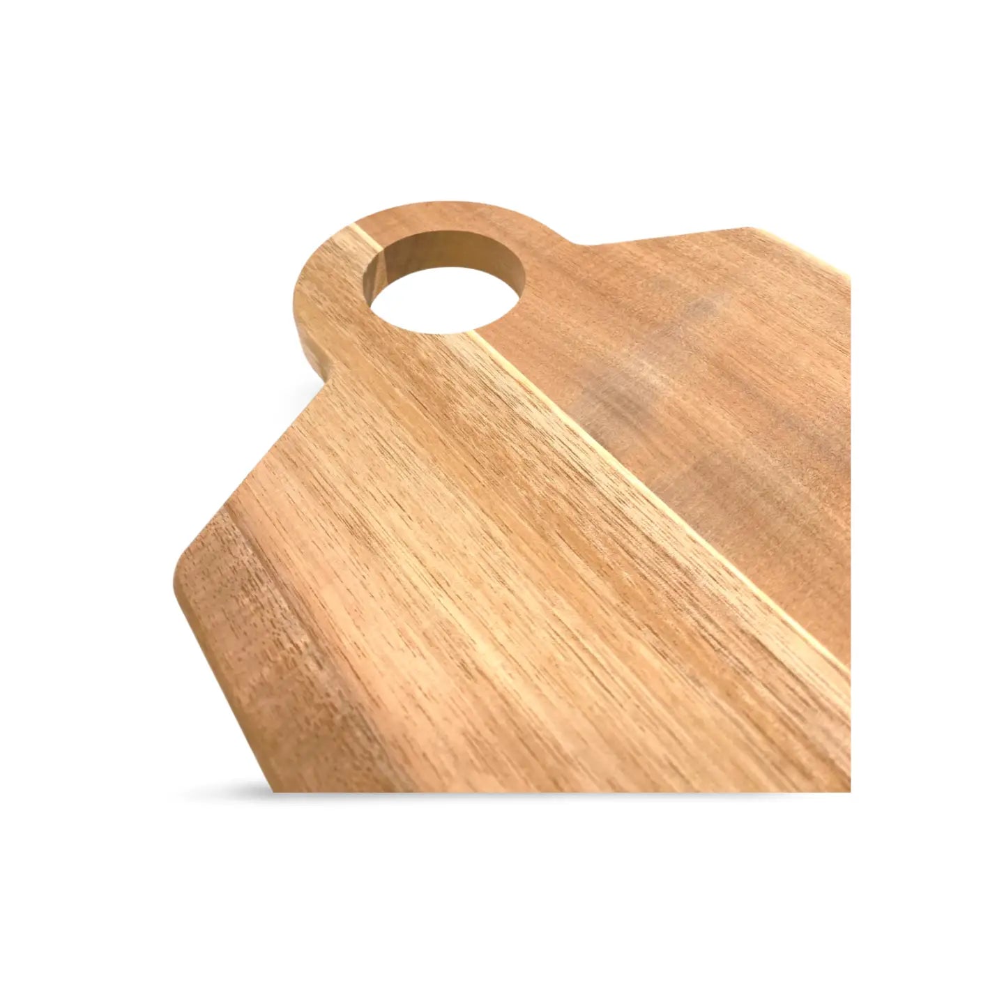 Schneidebrett aus hellbraunem akazienholz mit glatter natürlicher maserung und rundem griff mit loch 38 x 20 x 1,5 cm