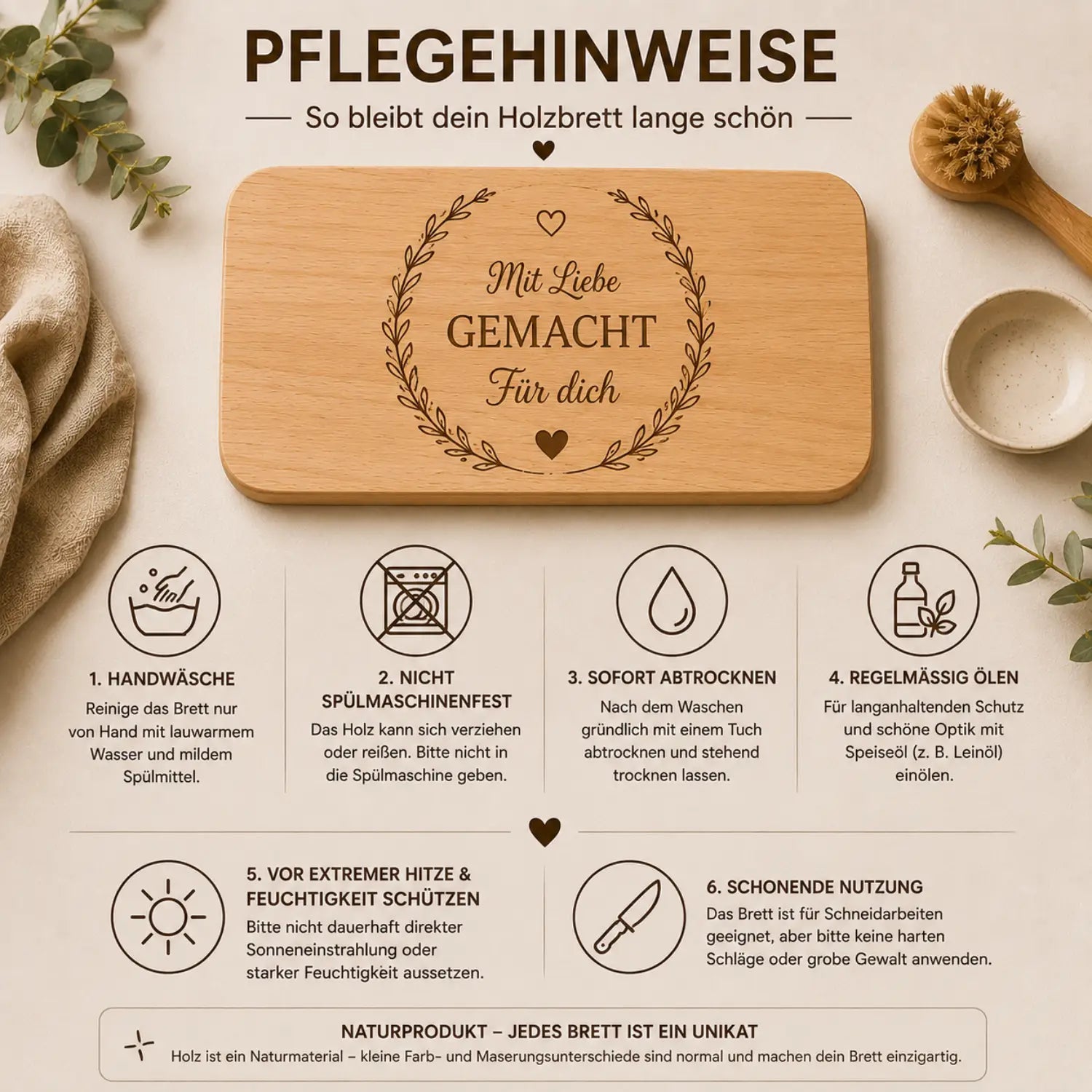 Schneidebrett aus erlenholz in hellbraun mit eingraviertem text mit liebe gemacht für dich und herzen