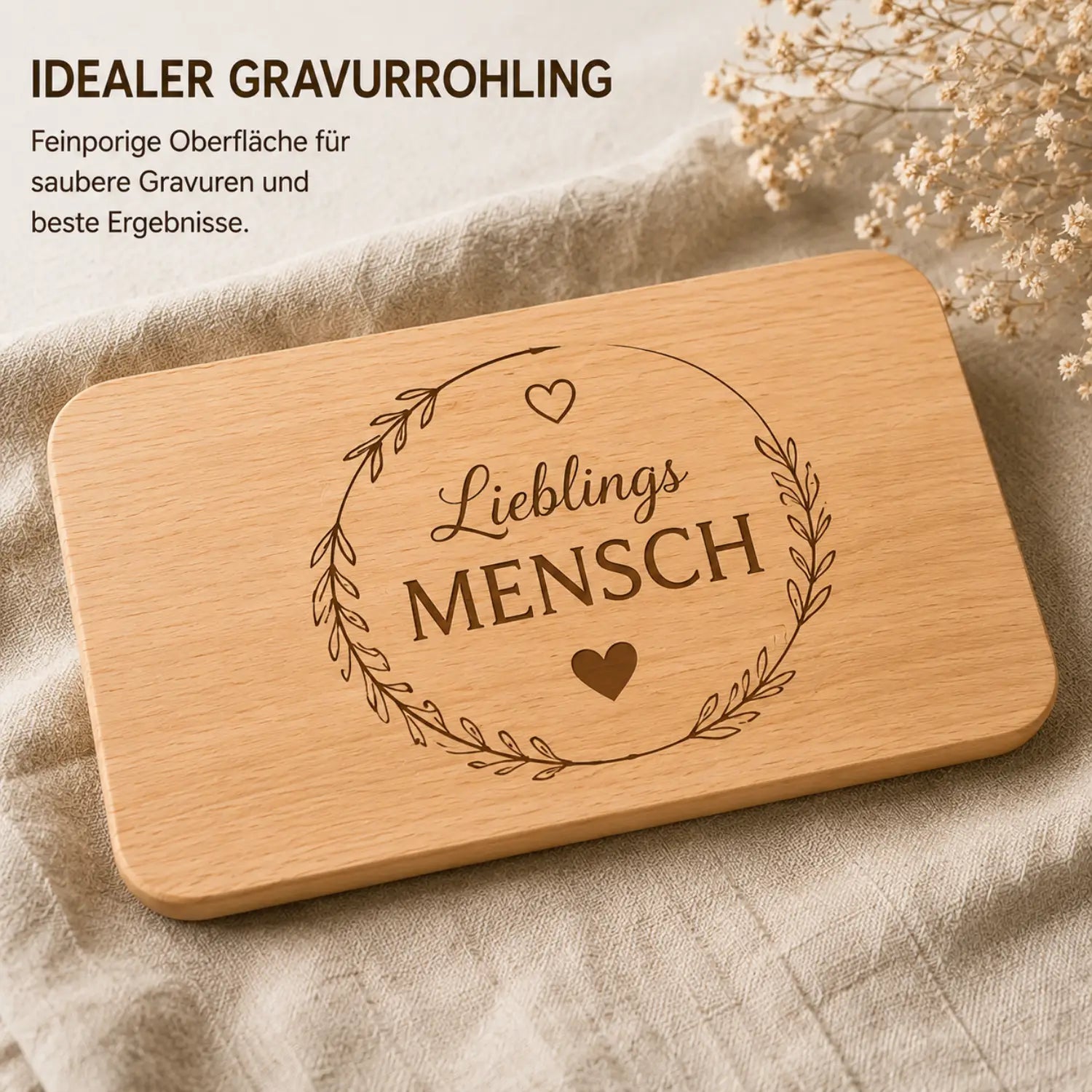 Light-colored wooden erlenholz cutting board with engraved text lieblings mensch framed by wreath and hearts 24.5 x 14 x 1 cm