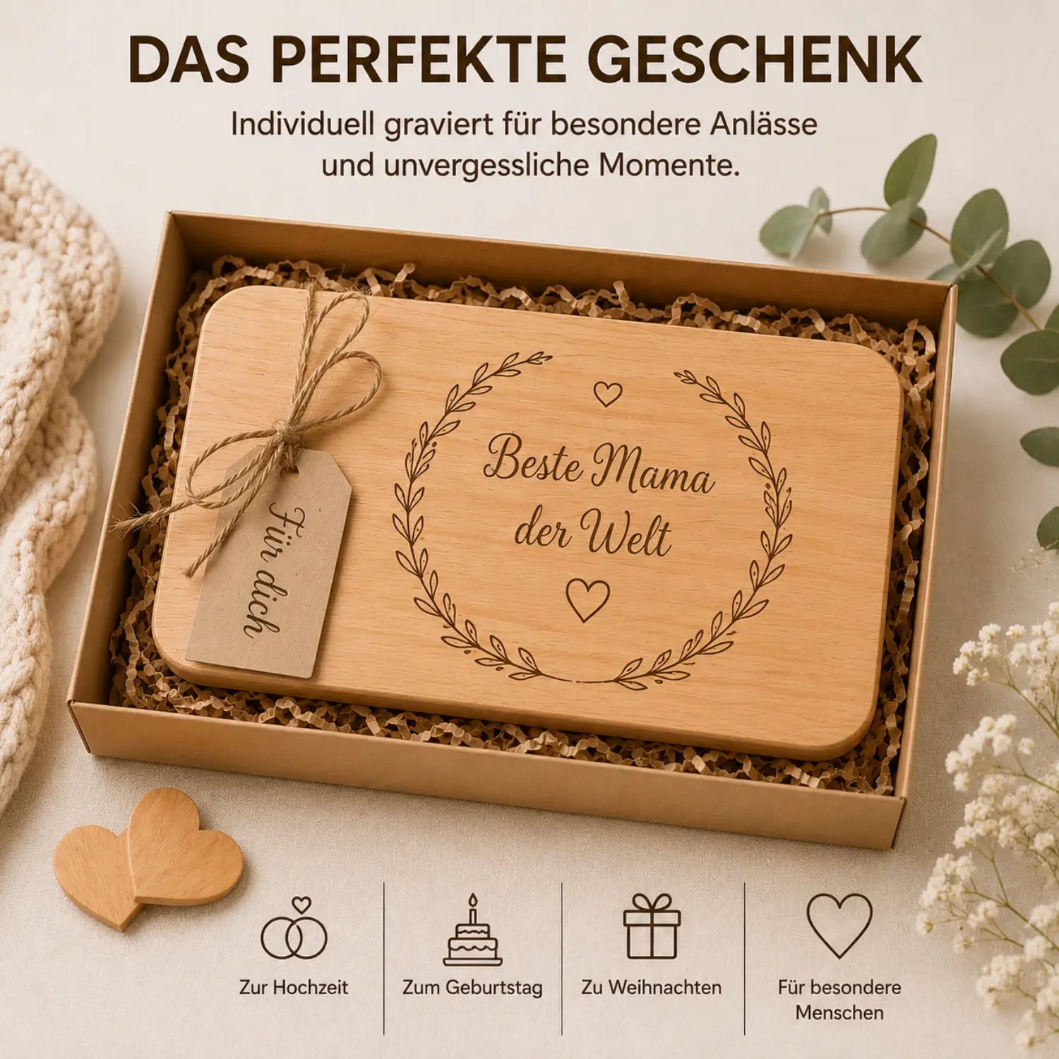 Schneidebrett aus hellbraunem erlenholz mit lasergravur beste mama der welt und herzmotiv mit anhänger für dich