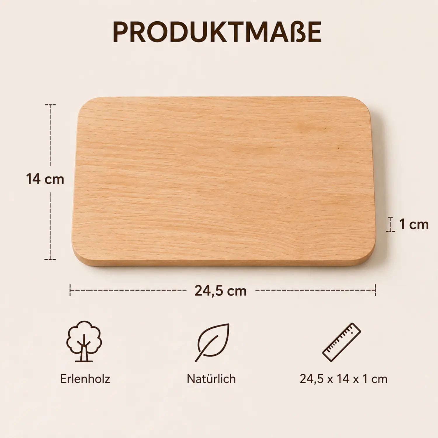 Ein rechteckiges, helles schneidebrett aus erlenholz mit abgerundeten kanten und natürlicher holzmaserung ideal zum gravieren 24,5 x 14 x 1 cm