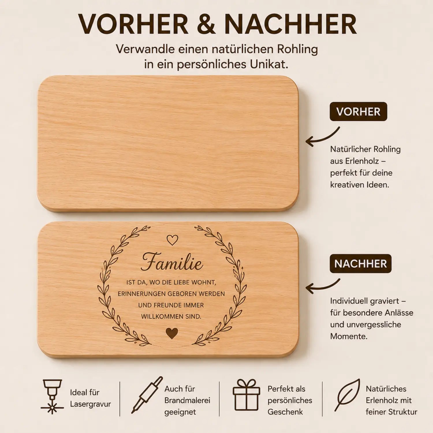 Rechteckiges helles schneidebrett aus erlenholz mit lasergravur familie und dekorativen blatt- und herzmotive