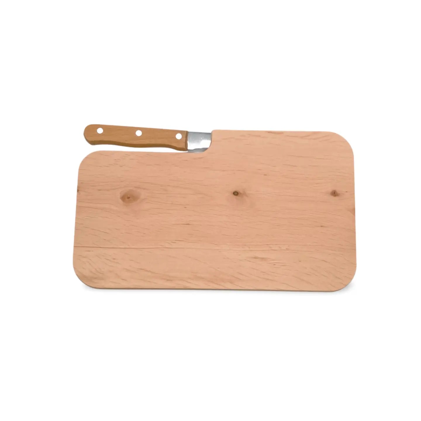 Helles erlenholz schneidebrett mit messeraussparung und messer mit passendem holzgriff auf dem brett