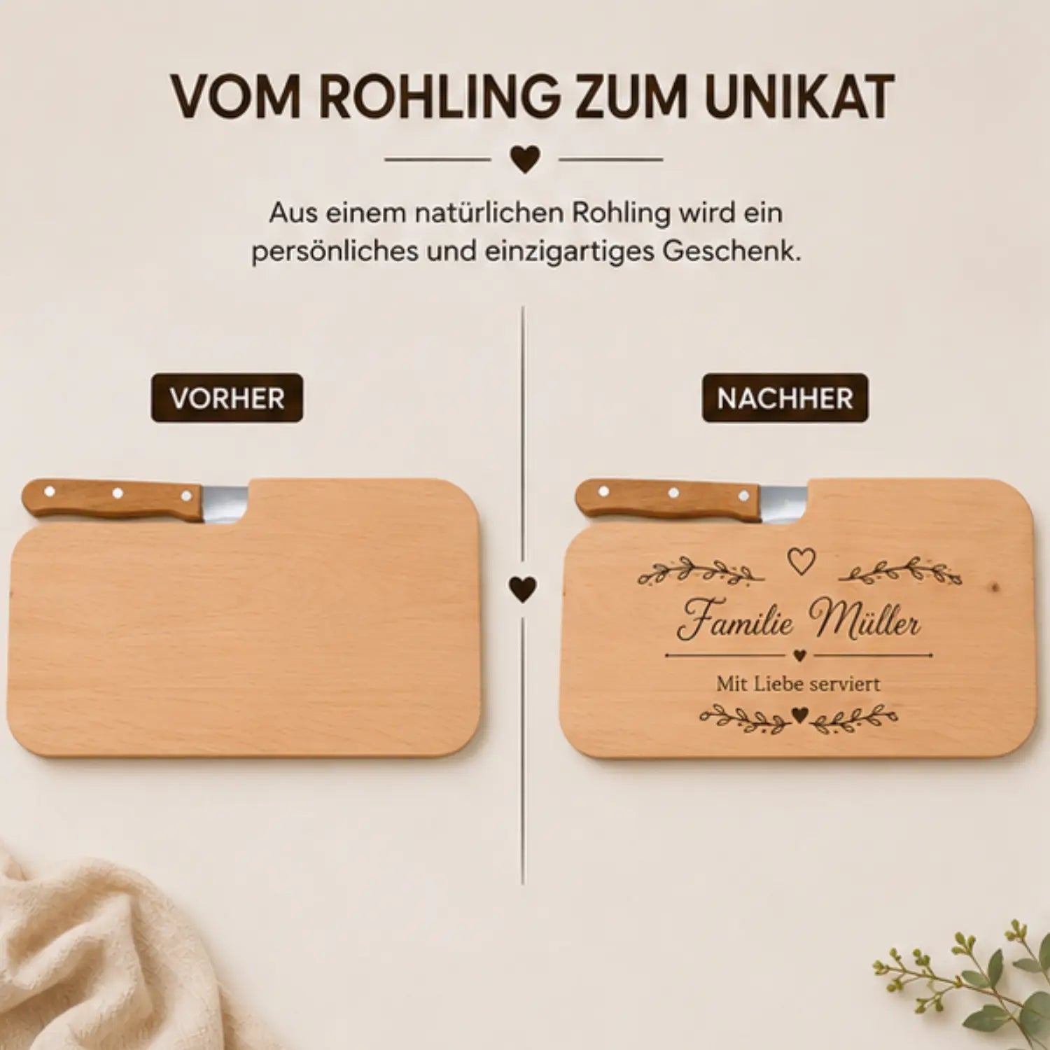Personalisierte erlenholz schneidebrett mit eingraviertem familiennamen und dekorativen herzmotive 26,5 x 15,5 x 1,2 cm