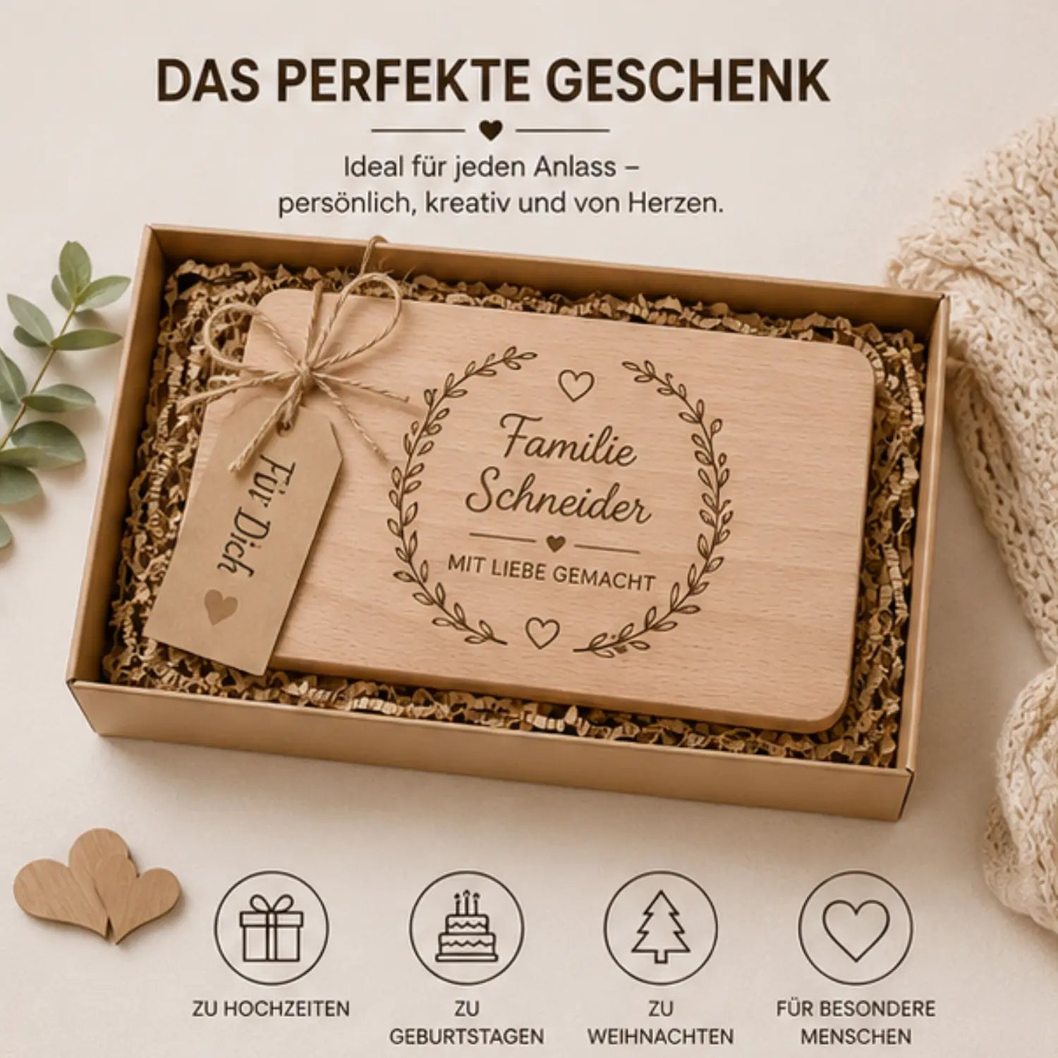 Schneidebrett aus heimischer buche in hellholz mit lasergraviertem kräuterkranz und personalisiertem text im geschenkbox