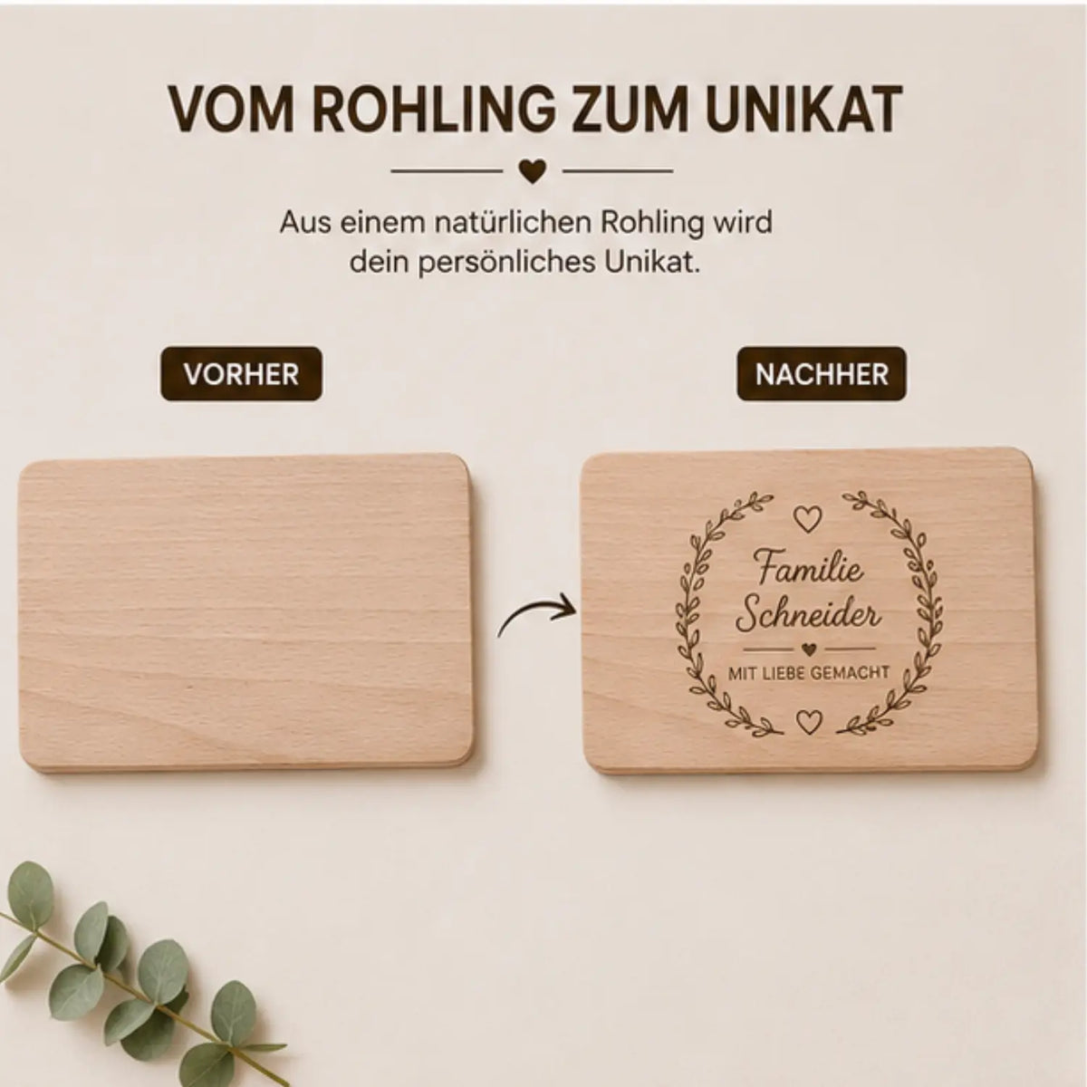 Leichtes schneidebrett buche mit braunkern 23,5 x 15 cm mit graviertem floralen namensdesign familie schneider