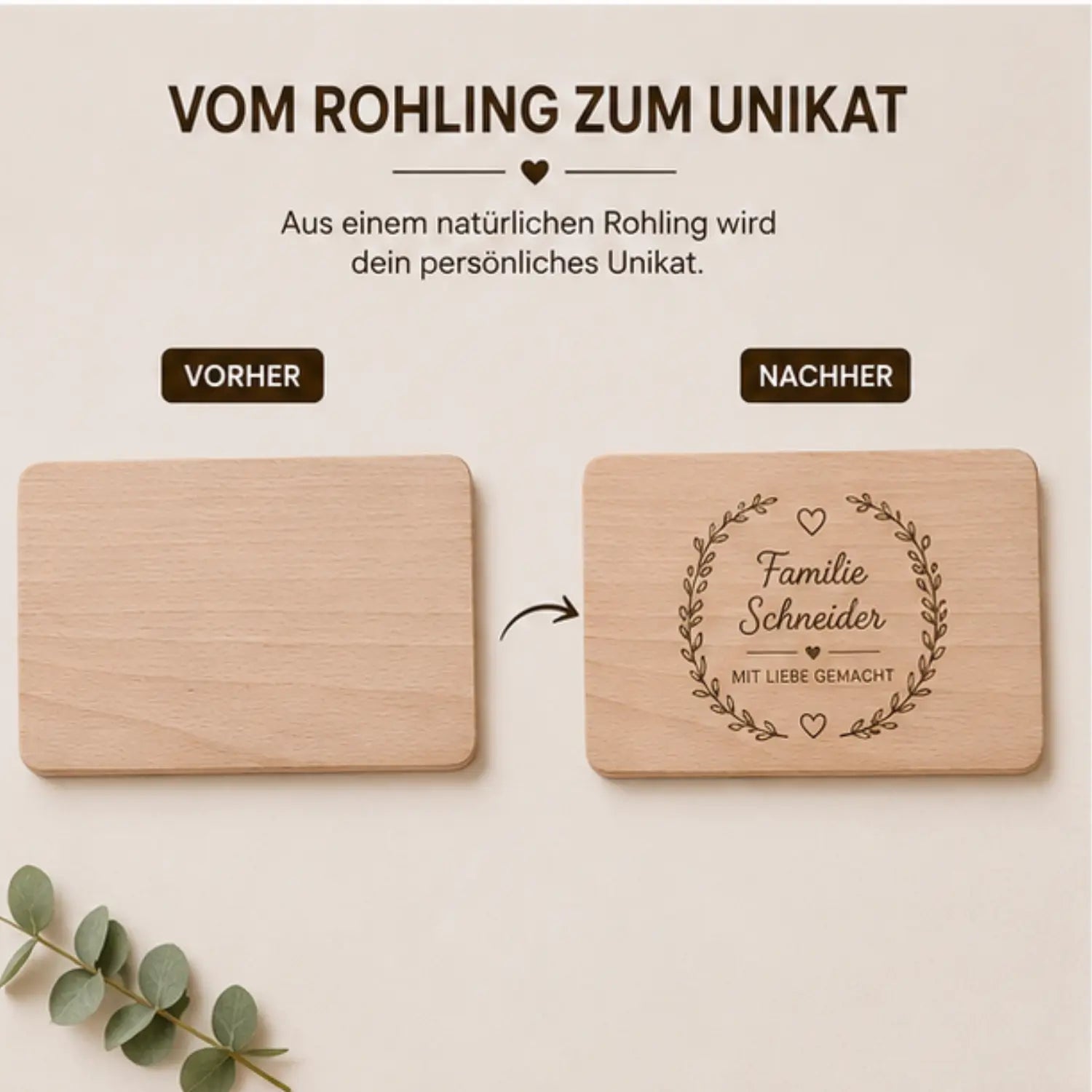 Leichtes schneidebrett buche mit braunkern 23,5 x 15 cm mit graviertem floralen namensdesign familie schneider