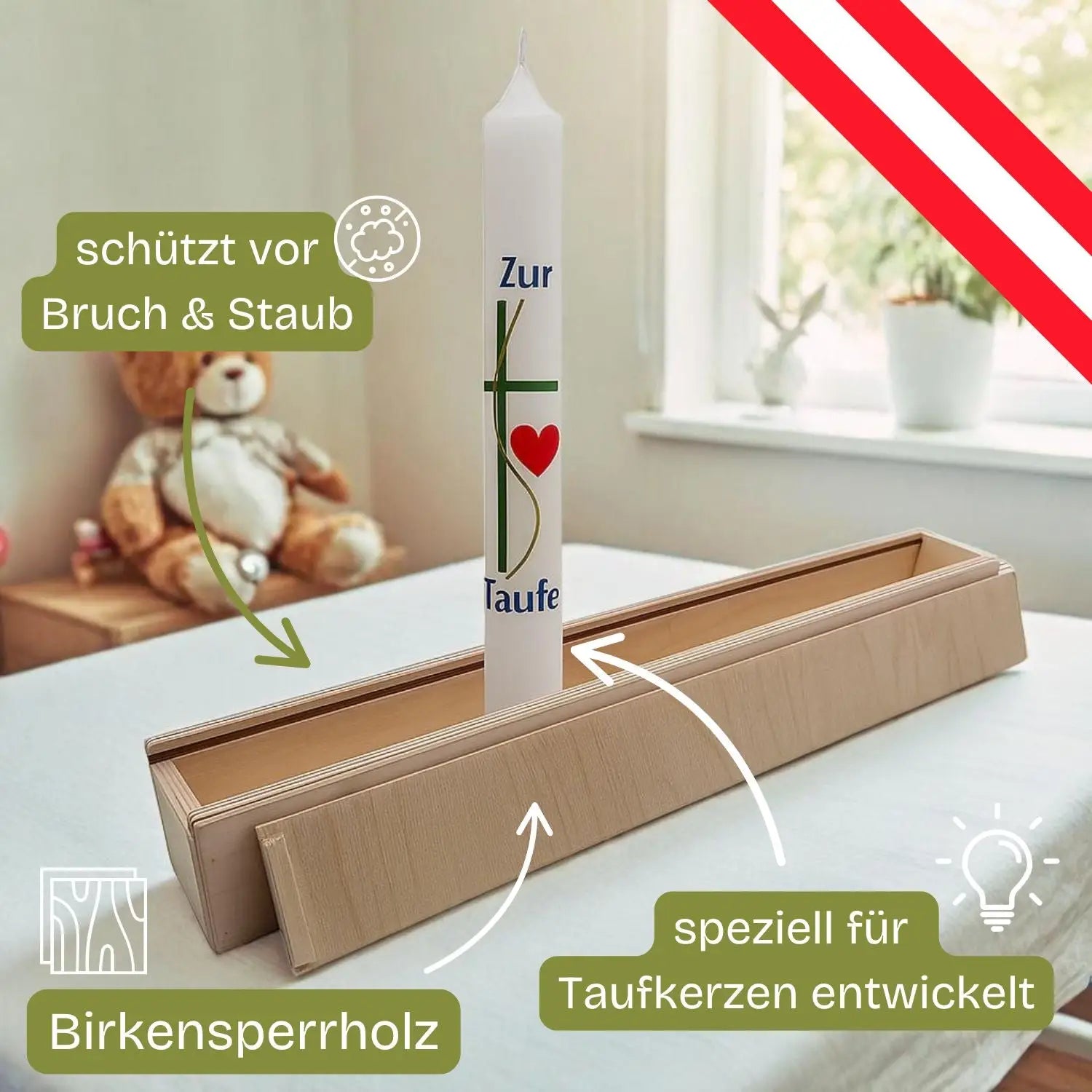 Weißes taufkerzenkiste aus holz mit grünem kreuz und rotem herz zur taufe in birkenholzbox mit schiebedeckel