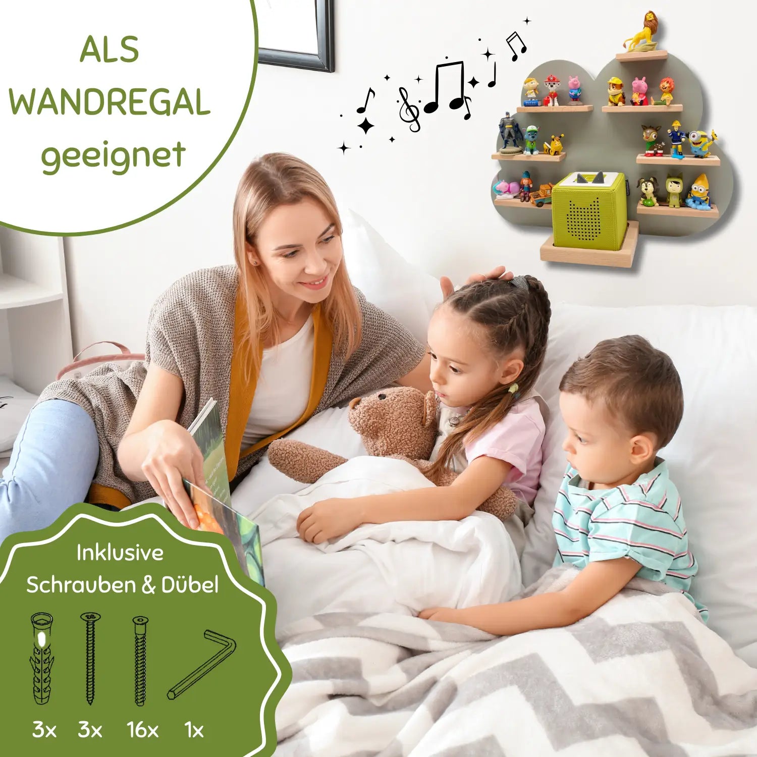 Grüner würfelförmiger toniebox lautsprecher mit holzregal und spielzeugfiguren im toniebox regal wolke aus holz
