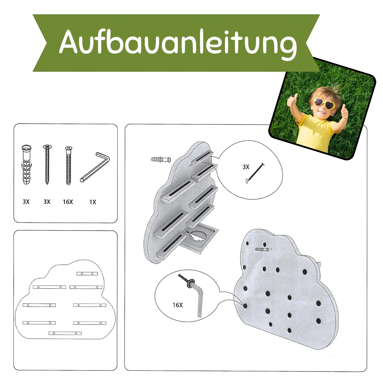 Silbernes wolkenförmiges wandregal aus holz mit mehreren horizontalen fächern für toniebox figuren robust und langlebig