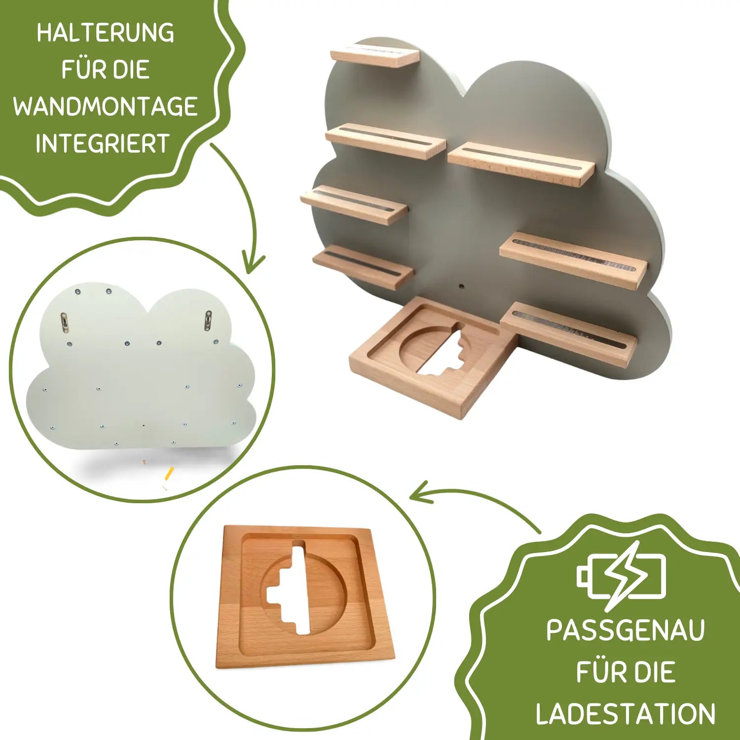 Graues wolkenförmiges wandregal aus holz mit hellen holzböden und passender ladestation für toniebox figuren
